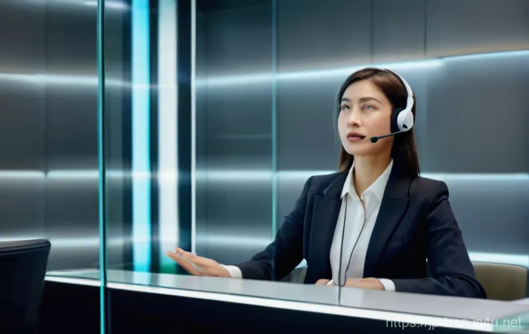 통역사로서의 첫 근무 경험 공유 - **A focused female interpreter in a modern soundproof booth.** She is in her late 20s to early 30s, ...