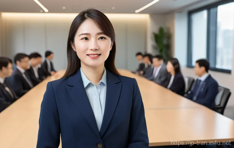 통역사로서의 첫 근무 경험 공유 - **A focused female interpreter in a modern soundproof booth.** She is in her late 20s to early 30s, ...