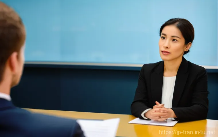 통역사로서 고객과의 소통 방법 - A professional female interpreter, in her mid-30s, dressed in smart business attire, is actively int...