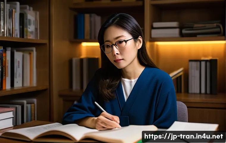통역사 일과와 루틴 - **Prompt:** "A focused professional Japanese female interpreter, in her late 30s to early 40s, worki...