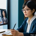 통역사 온라인 강의 추천 - A professional online interpreting class scene showing a confident Japanese female instructor in her...