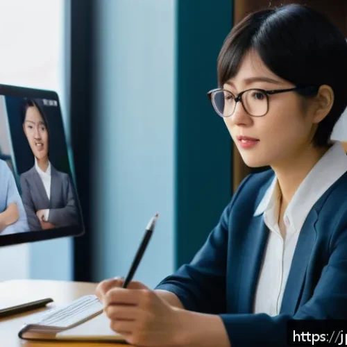 통역사 온라인 강의 추천 - A professional online interpreting class scene showing a confident Japanese female instructor in her...