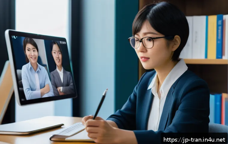 통역사 온라인 강의 추천 - A professional online interpreting class scene showing a confident Japanese female instructor in her...