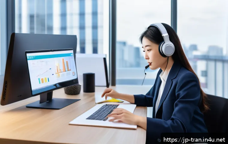 통역사 업계 동향과 트렌드 - A modern interpreter&rsquo;s home workspace during a remote conference call, featuring a professional-look...