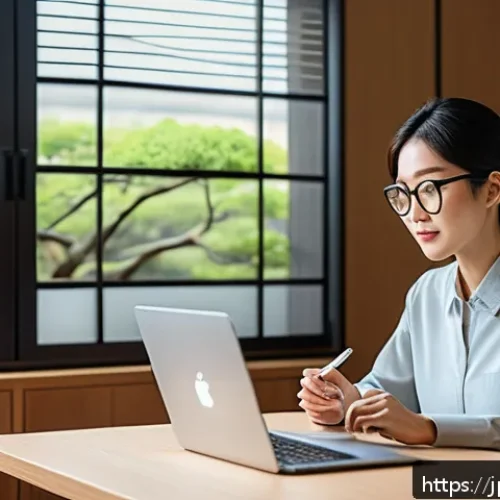 통역사에게 추천하는 생산성 도구 - A modern Japanese home office scene featuring a professional Japanese interpreter using dual monitor...