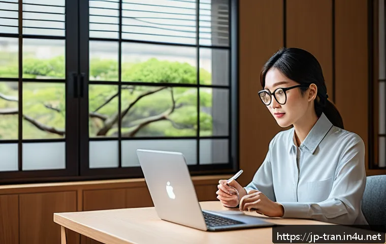 통역사에게 추천하는 생산성 도구 - A modern Japanese home office scene featuring a professional Japanese interpreter using dual monitor...