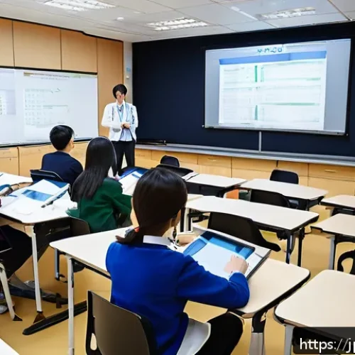 통역사 학원 선택 가이드 - A modern interpreting school classroom scene in Japan, featuring a diverse group of adult students a...