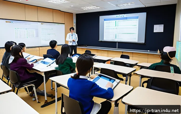 통역사 학원 선택 가이드 - A modern interpreting school classroom scene in Japan, featuring a diverse group of adult students a...